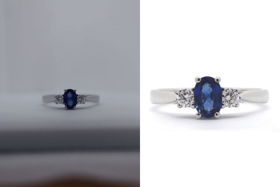 An unedited picture of a ring and the final product image