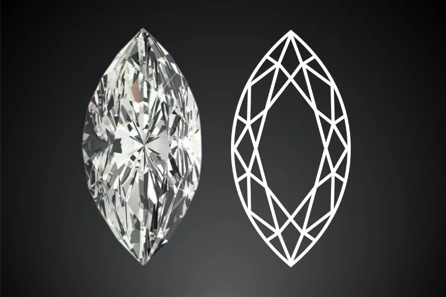 A Marquise cut diamond and diagram of a marquise cut diamond on black background