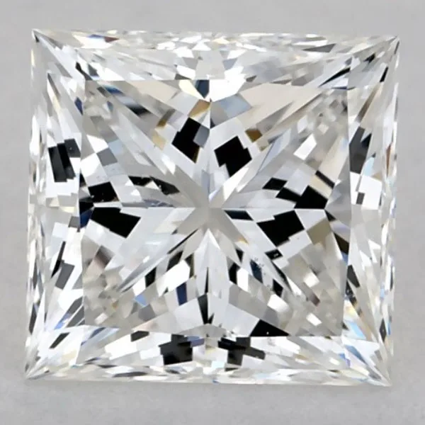 A Princess Cut Diamond with a length to width ratio of 1.05 on a grey background