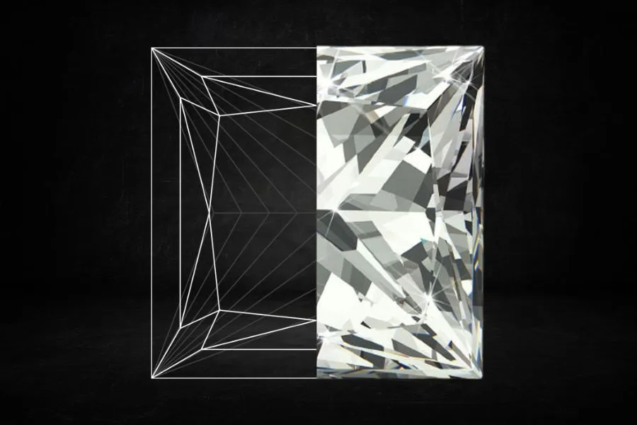 A half and half picture of a princess cut diamond showing a diagram and picture of a stone on a black background
