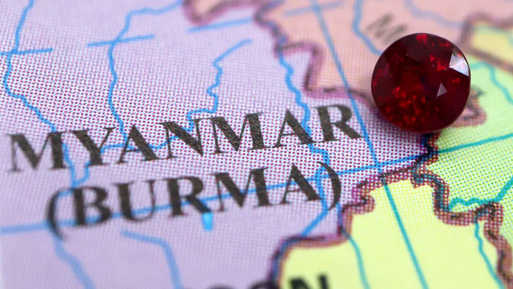 A Round Ruby on a map showing Myanmar (Burma)